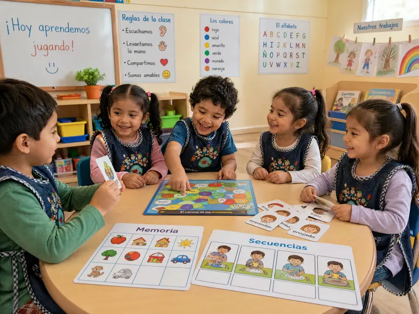 Children working on puzzles and matching games at a table