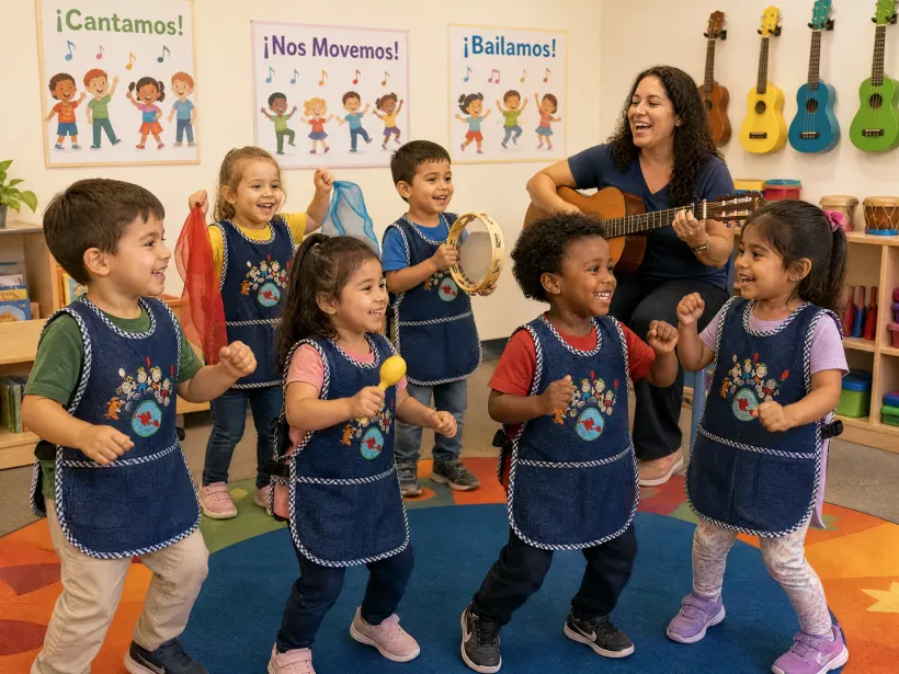 Children singing and moving to music with their teacher