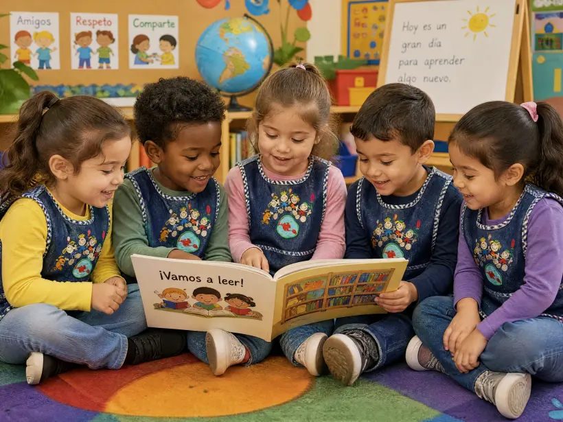 Children building words with letter cards while reading together