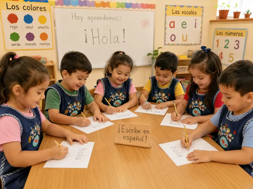 A child practising letters with a pencil at a classroom desk